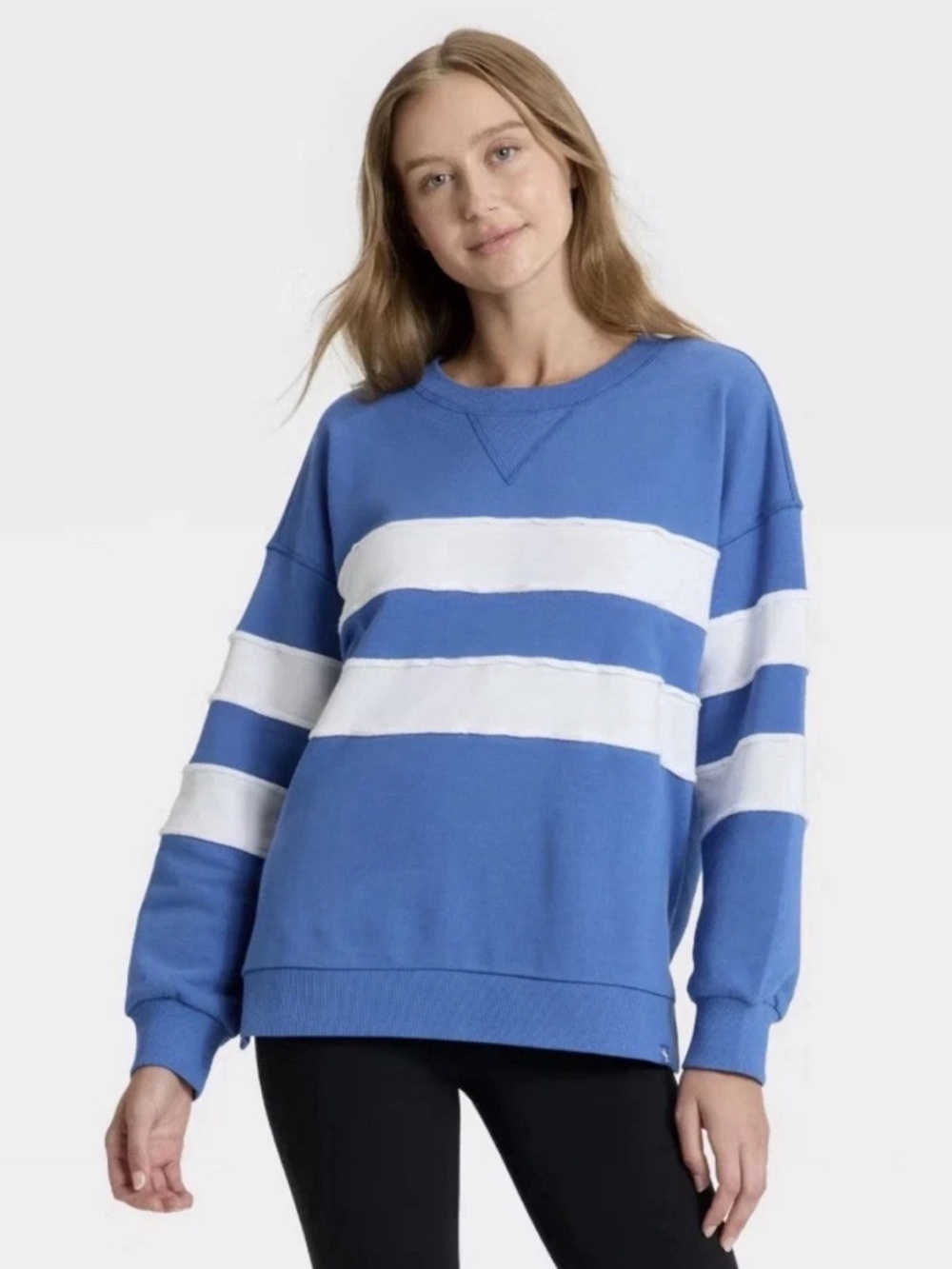 JoyLab Women's Striped Oversized French Terry Crewneck Sweatshirt - Blue - XXL